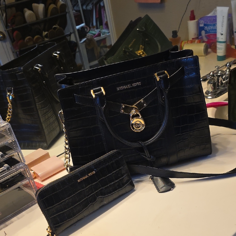 Michael Kors Black Croc-Embossed Satchel with Matching Wallet
